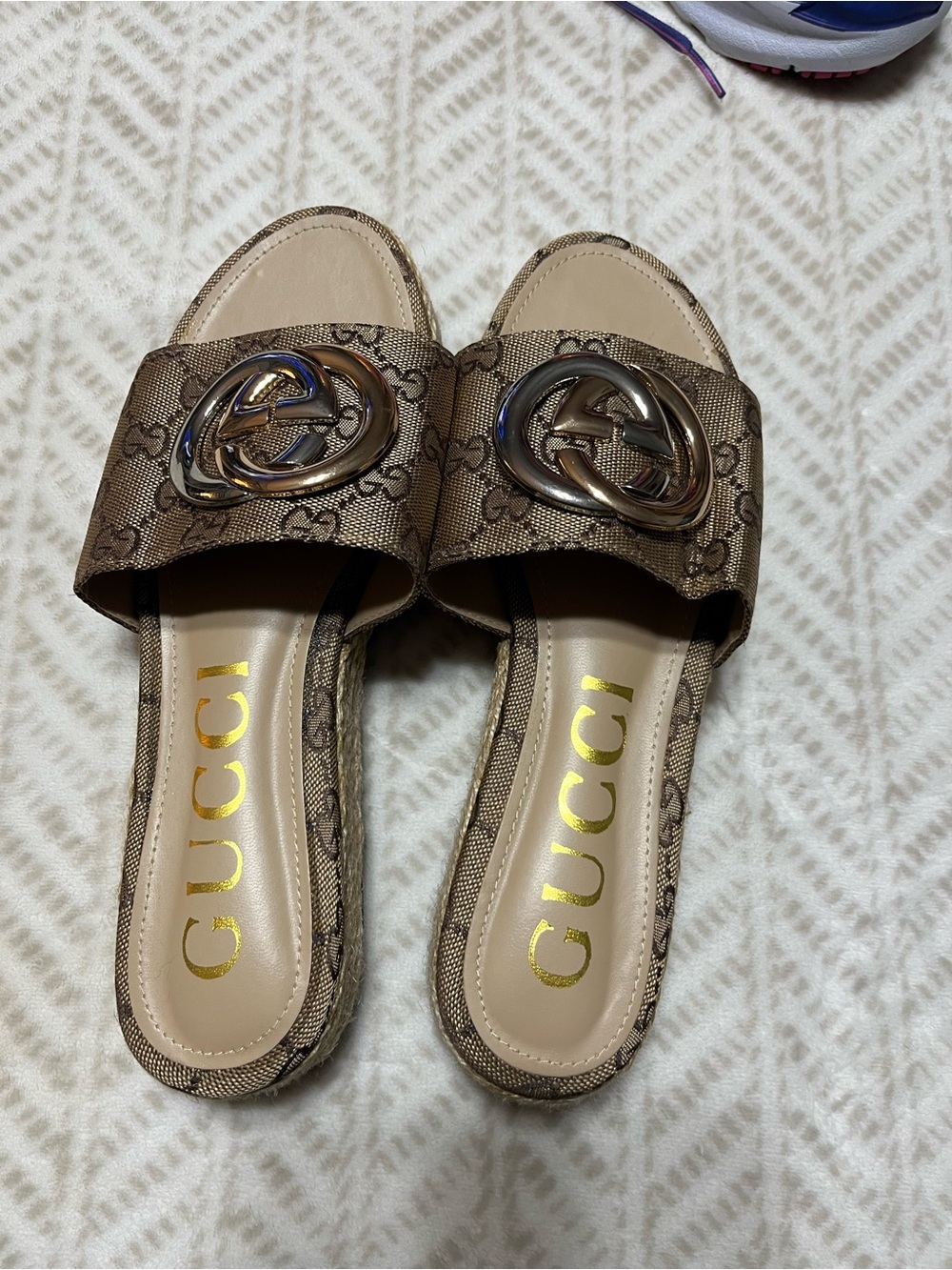 Gucci Beige Brown GG Canvas Logo Slide Sandals